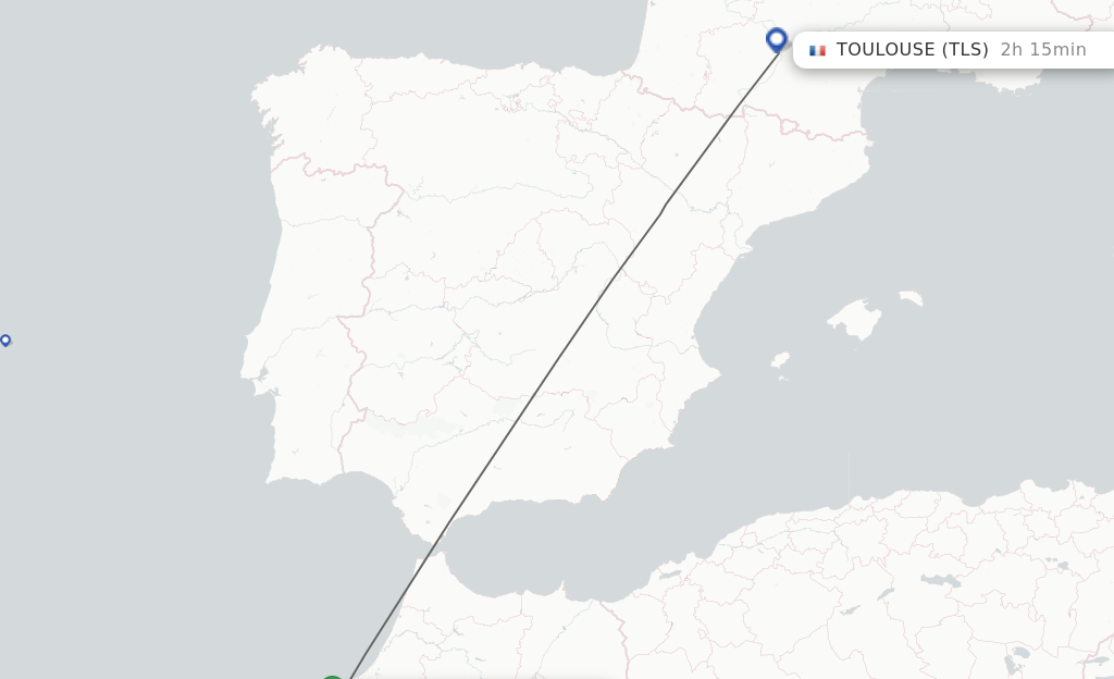 Flights from Casablanca to Toulouse route map