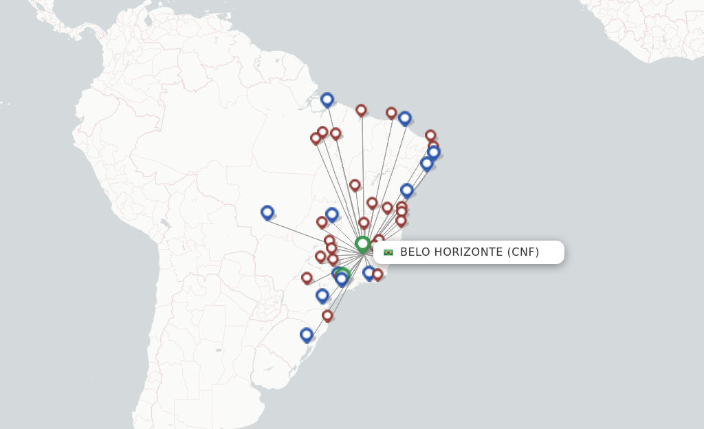 Route map with flights from Belo Horizonte with Azul