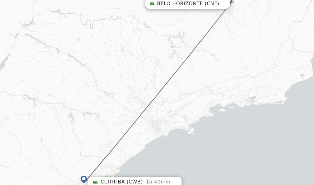 Flights from Belo Horizonte to Curitiba route map