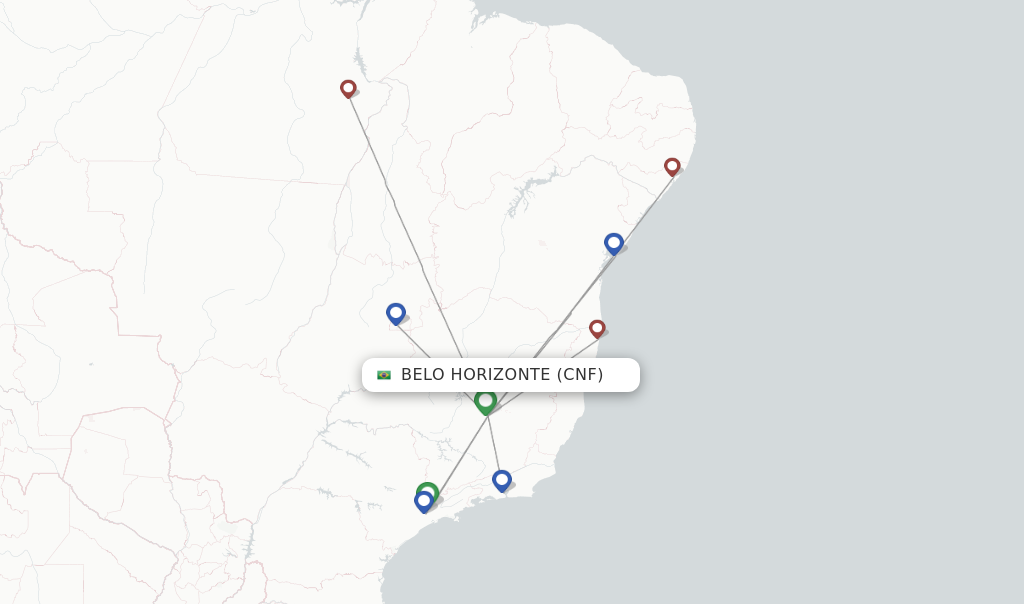 Route map with flights from Belo Horizonte with Gol