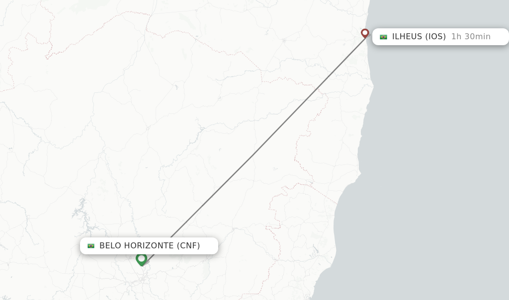 Flights from Belo Horizonte to Ilheus route map