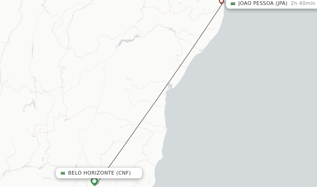 Flights from Belo Horizonte to Joao Pessoa route map