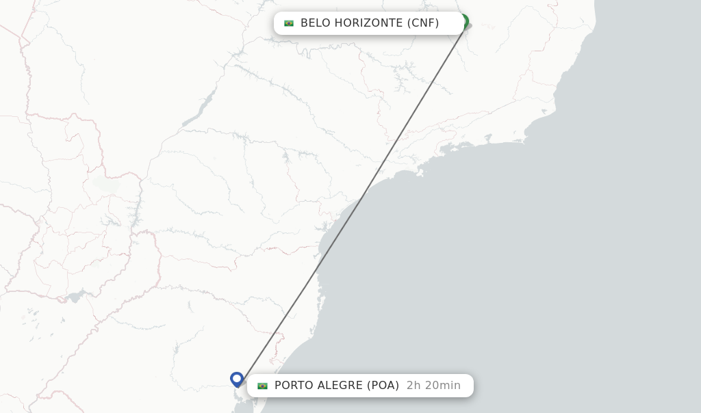 Flights from Belo Horizonte to Porto Alegre route map
