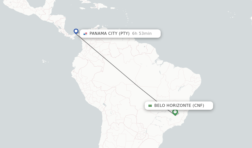 Flights from Belo Horizonte to Panama City route map