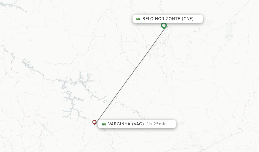 Flights from Belo Horizonte to Varginha route map