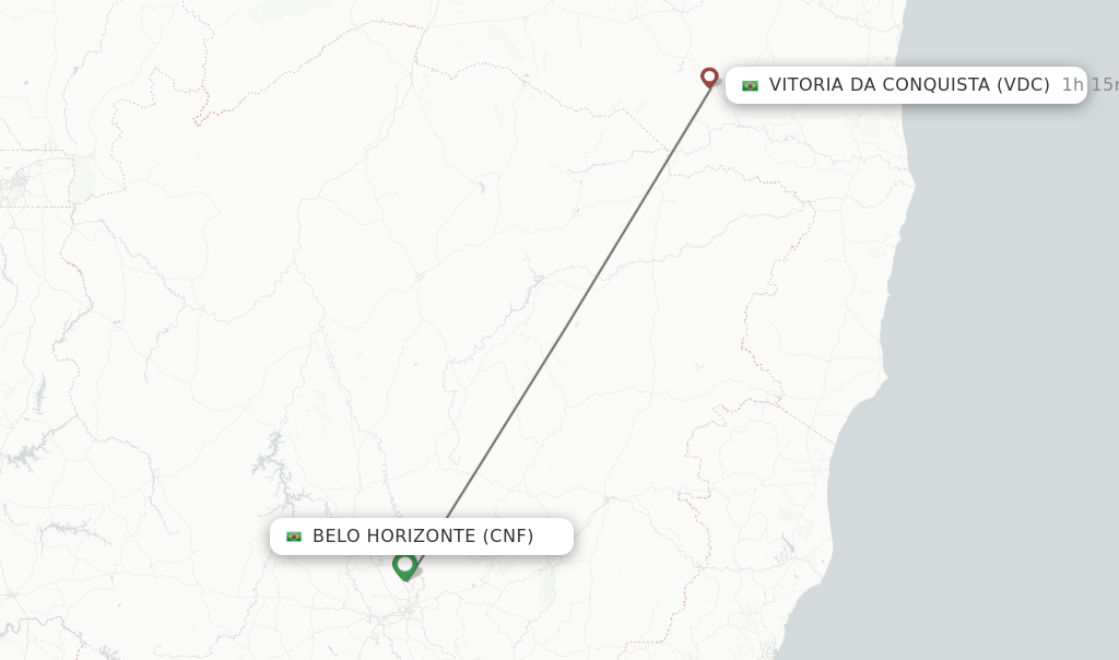 Flights from Belo Horizonte to Vitoria Da Conquista route map