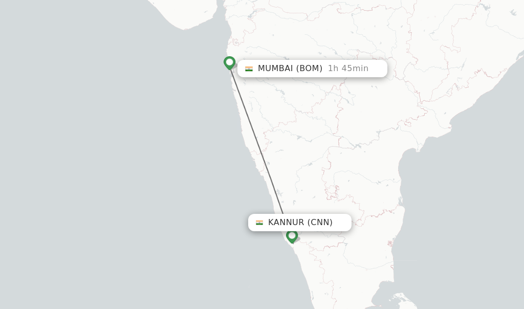 Flights from Kannur to Mumbai route map