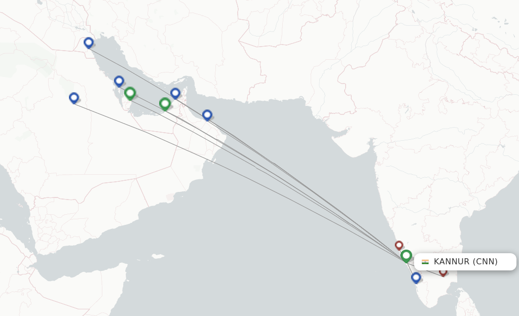 Route map with flights from Kannur with Air India Express