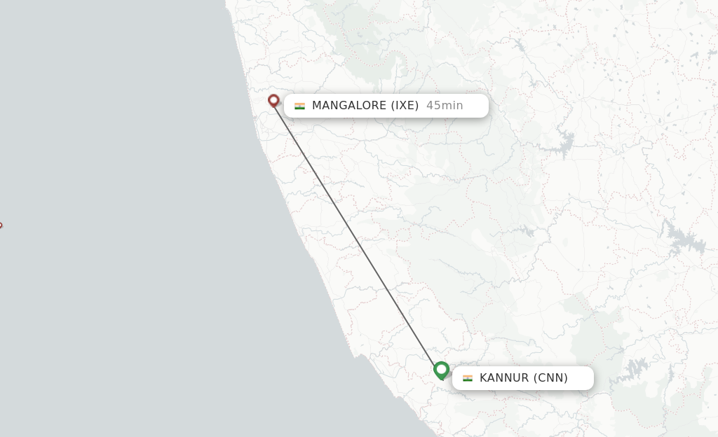 Flights from Kannur to Mangalore route map
