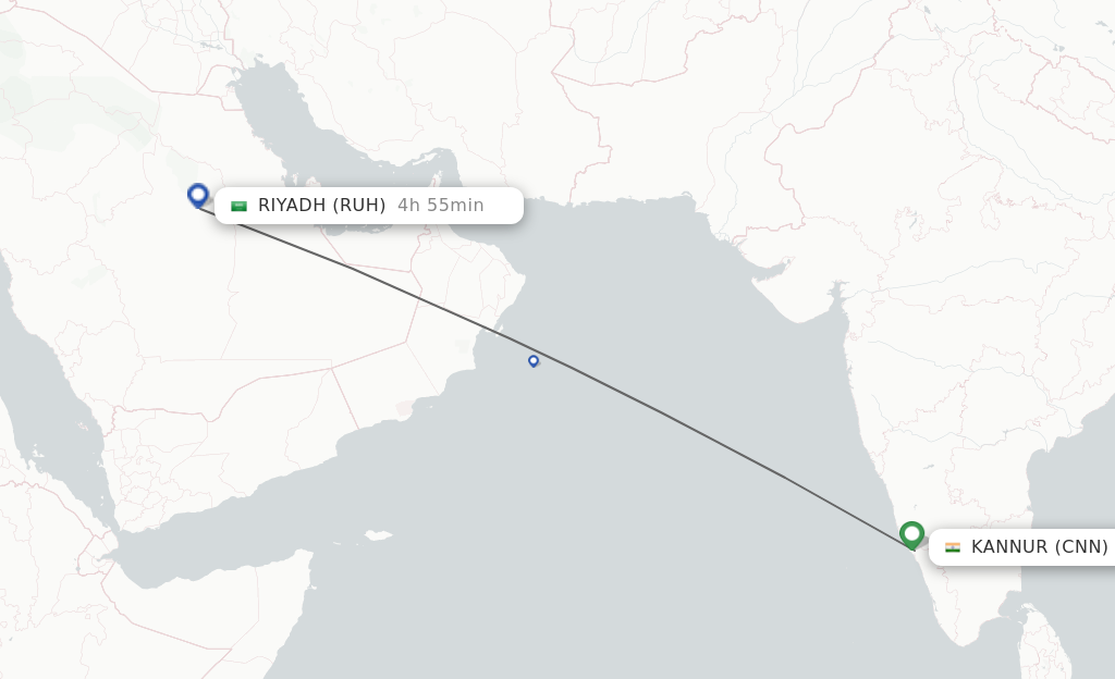 Flights from Kannur to Riyadh route map