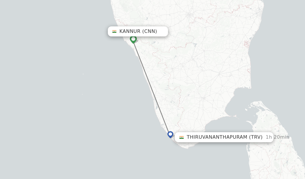 Flights from Kannur to Thiruvananthapuram route map