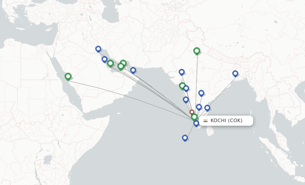 Route map with flights from Kochi with IndiGo