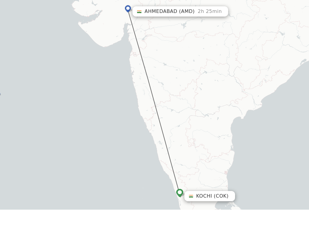 Flights from Kochi to Ahmedabad route map