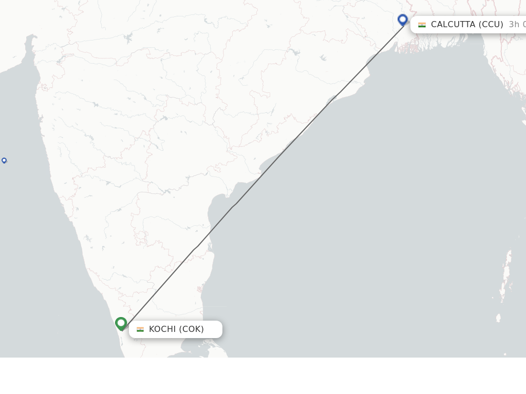Flights from Kochi to Kolkata route map