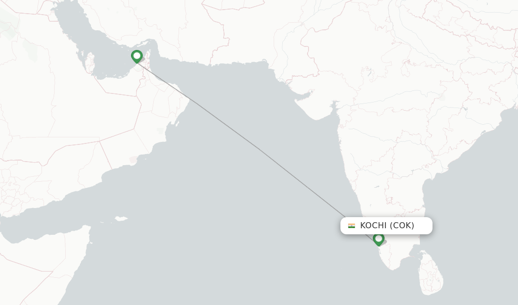 Route map with flights from Kochi with flydubai