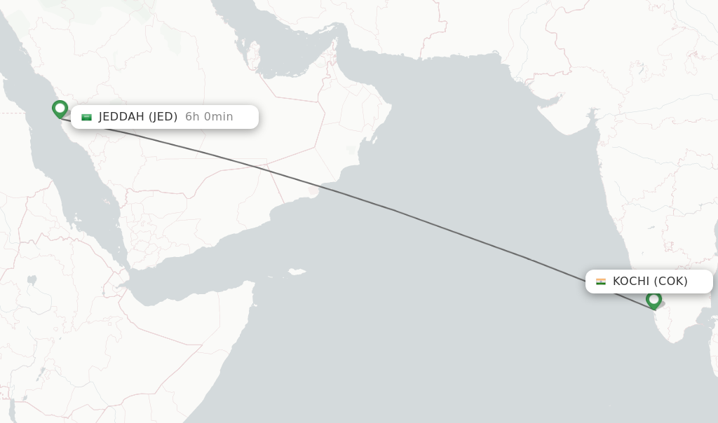 Flights from Kochi to Jeddah route map