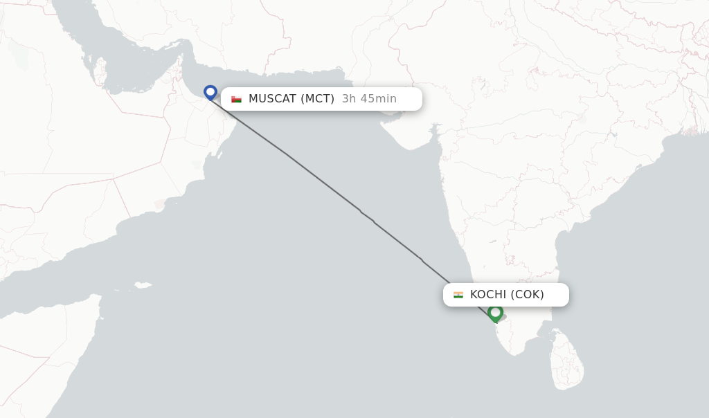 Flights from Kochi to Muscat route map