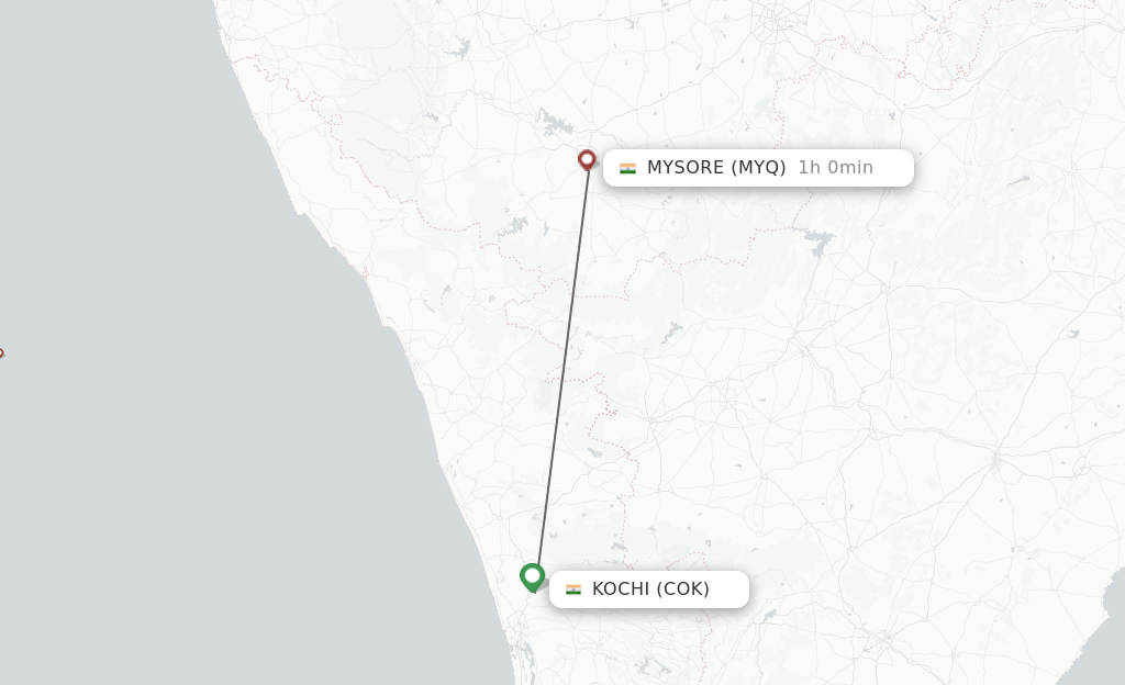 Flights from Kochi to Mysore route map