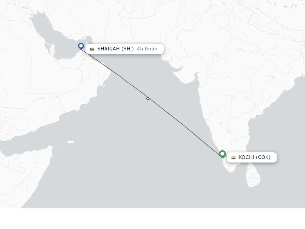Flights from Sharjah to Kochi route map