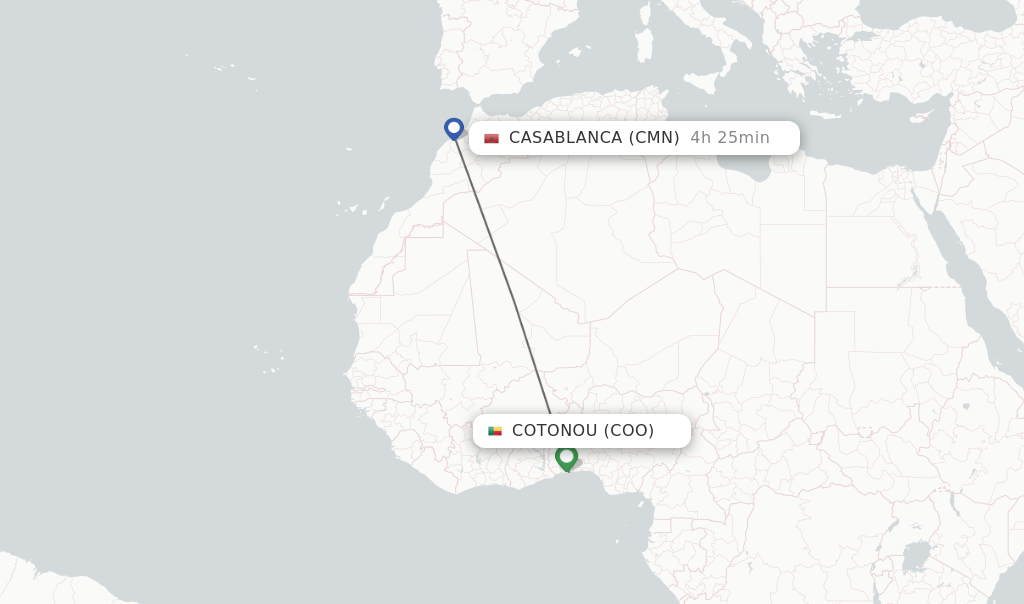 Flights from Cotonou to Casablanca route map