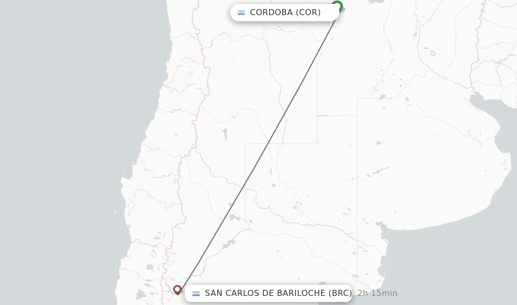 Flights from Cordoba to San Carlos de Bariloche route map