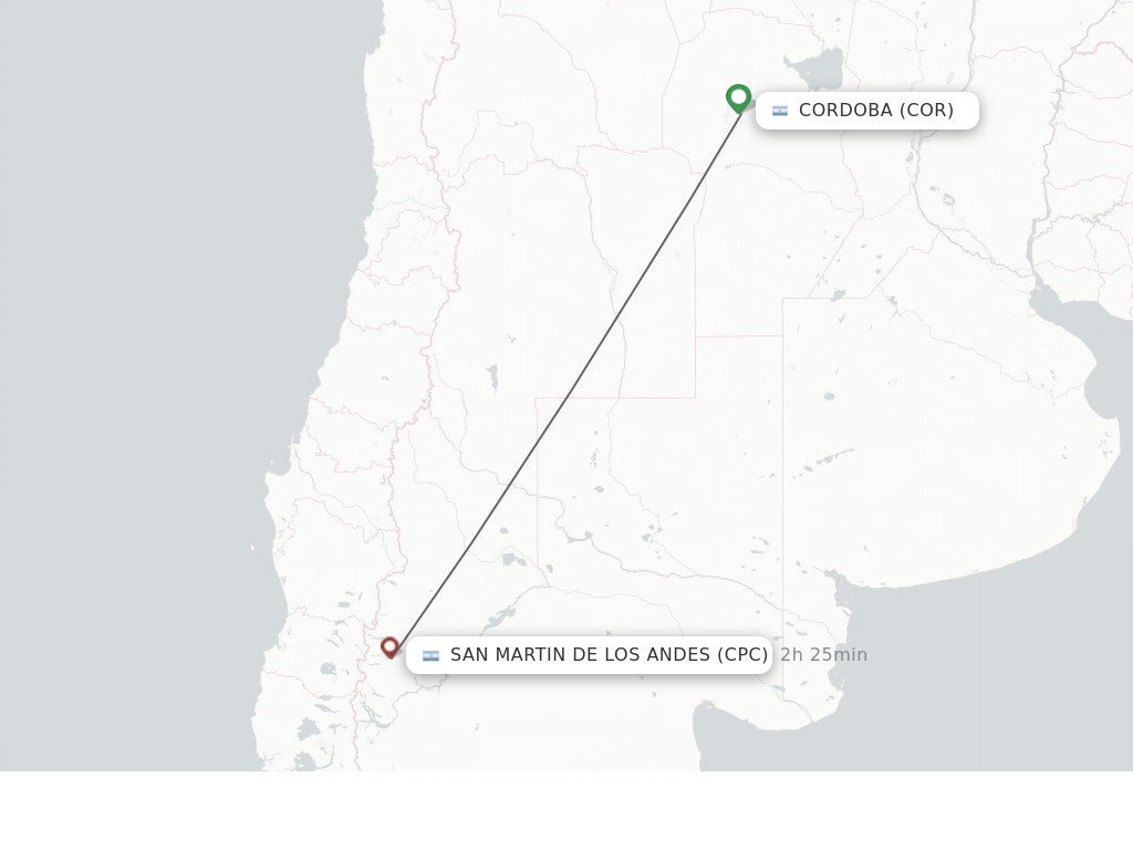 Flights from Cordoba to San Martin De Los Andes route map