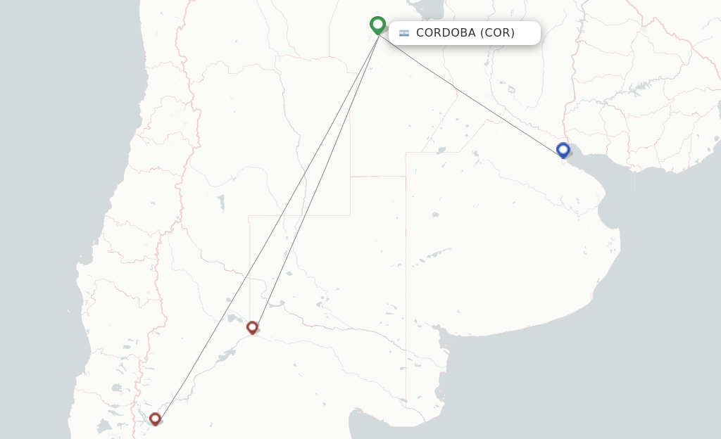 Route map with flights from Cordoba with Felix Airways