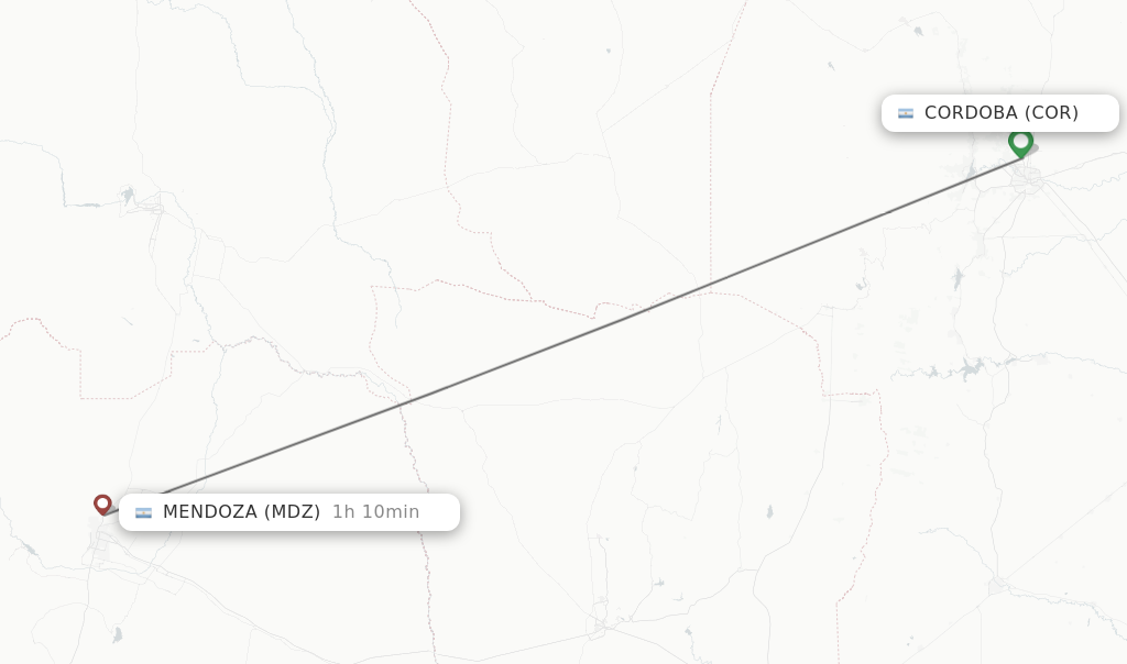 Flights from Cordoba to Mendoza route map