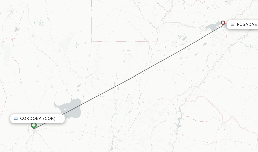 Flights from Cordoba to Posadas route map