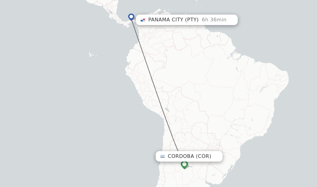 Flights from Cordoba to Panama City route map