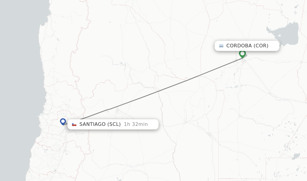 Flights from Cordoba to Santiago route map