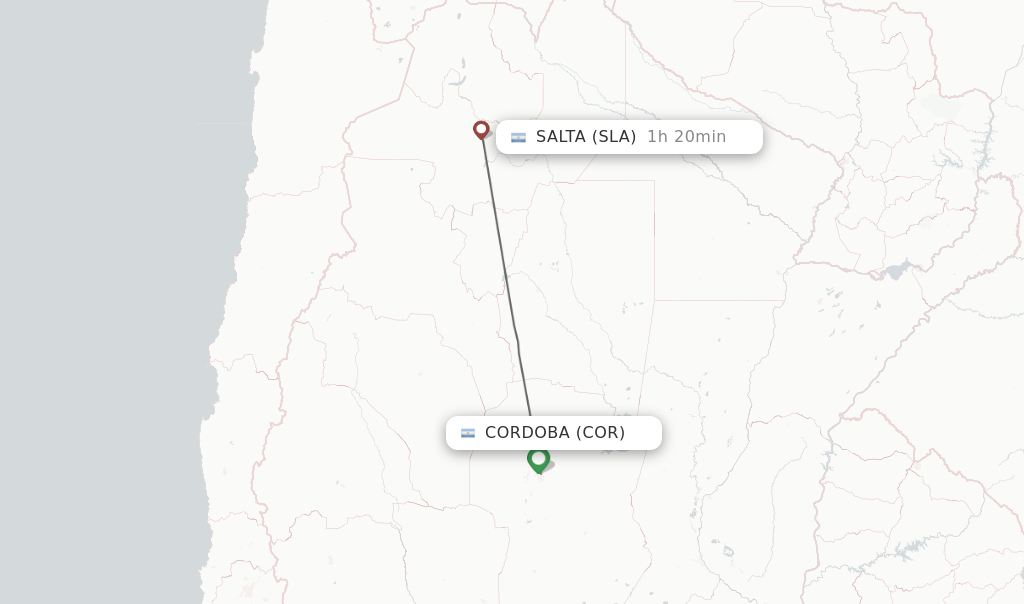 Flights from Cordoba to Salta route map