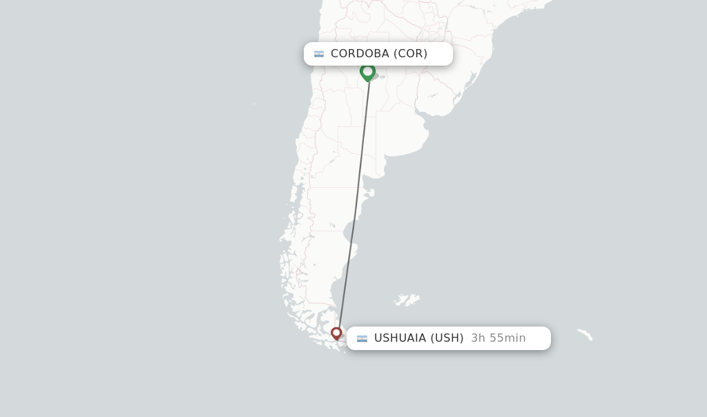 Flights from Cordoba to Ushuaia route map