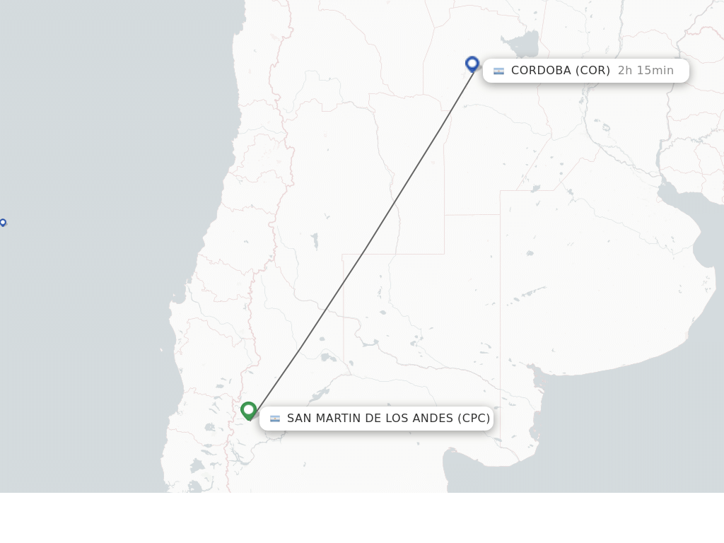 Flights from San Martin De Los Andes to Cordoba route map