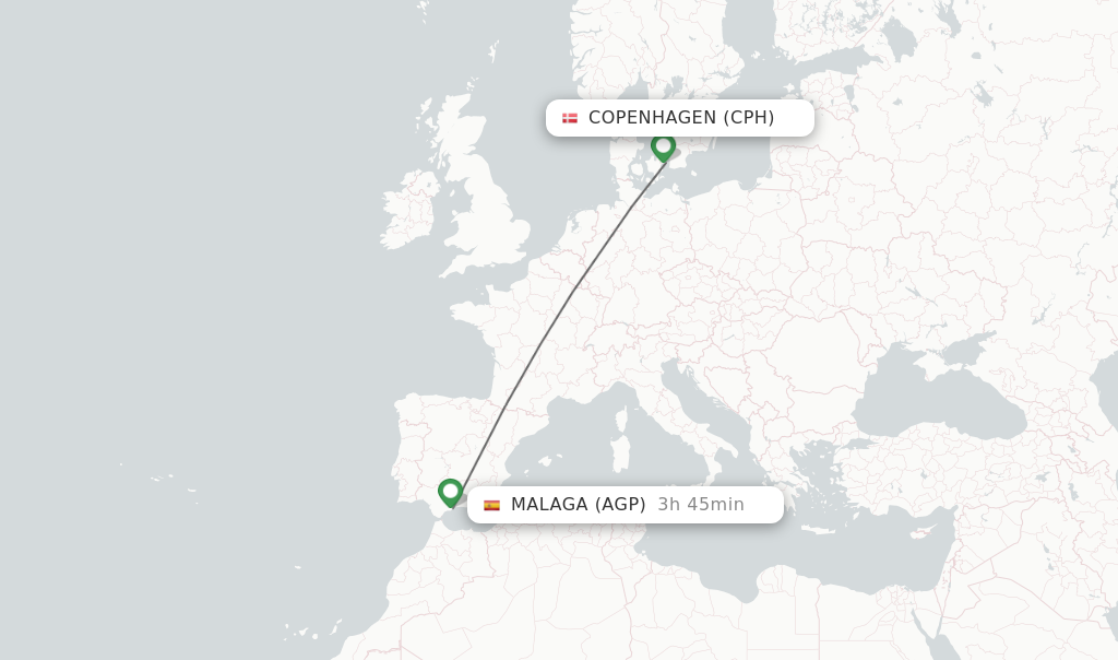 Flights from Copenhagen to Malaga route map