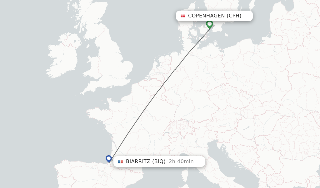Flights from Copenhagen to Biarritz route map
