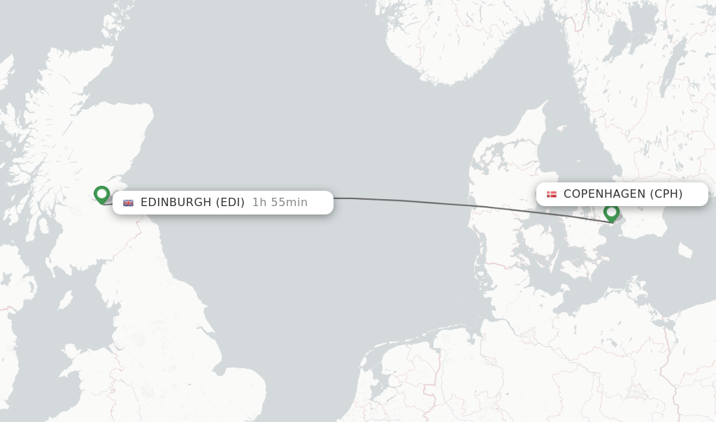 Flights from Copenhagen to Edinburgh route map
