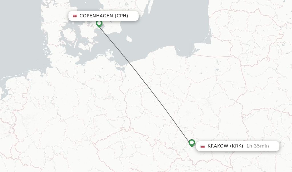Flights from Copenhagen to Krakow route map