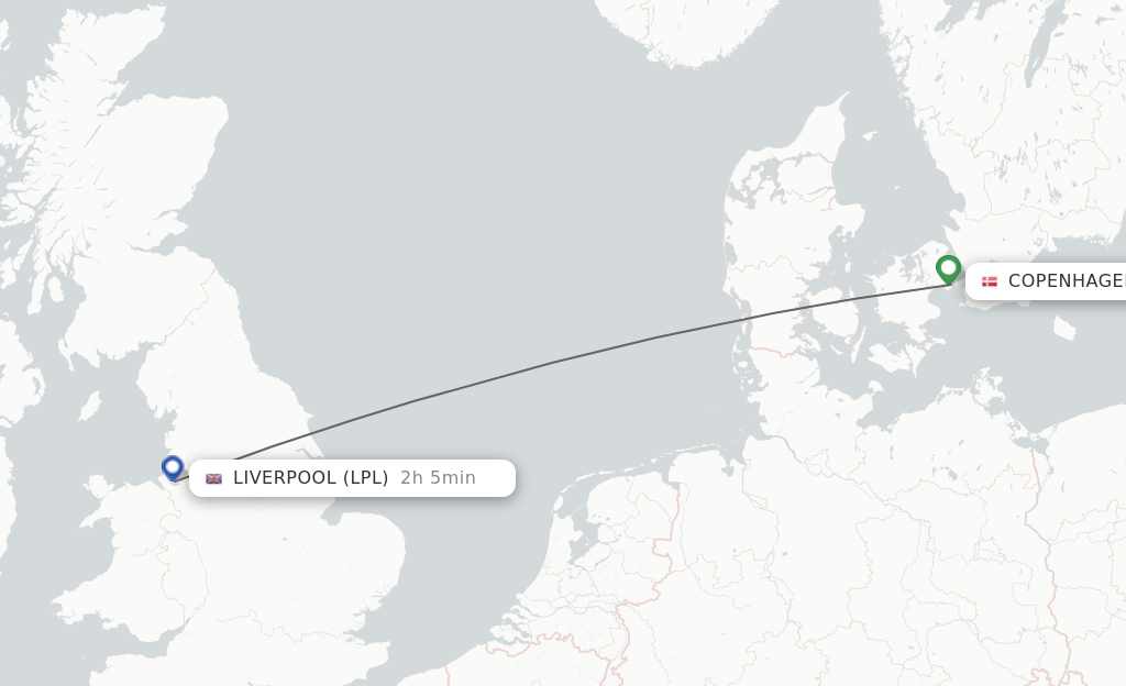 Flights from Copenhagen to Liverpool route map