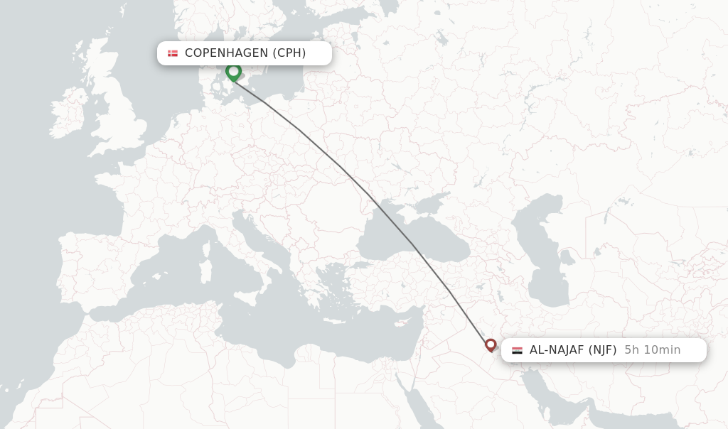 Flights from Copenhagen to Al-Najaf route map