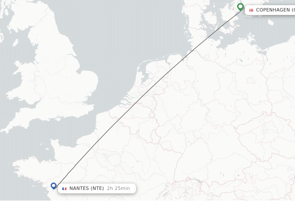 Flights from Nantes to Copenhagen route map