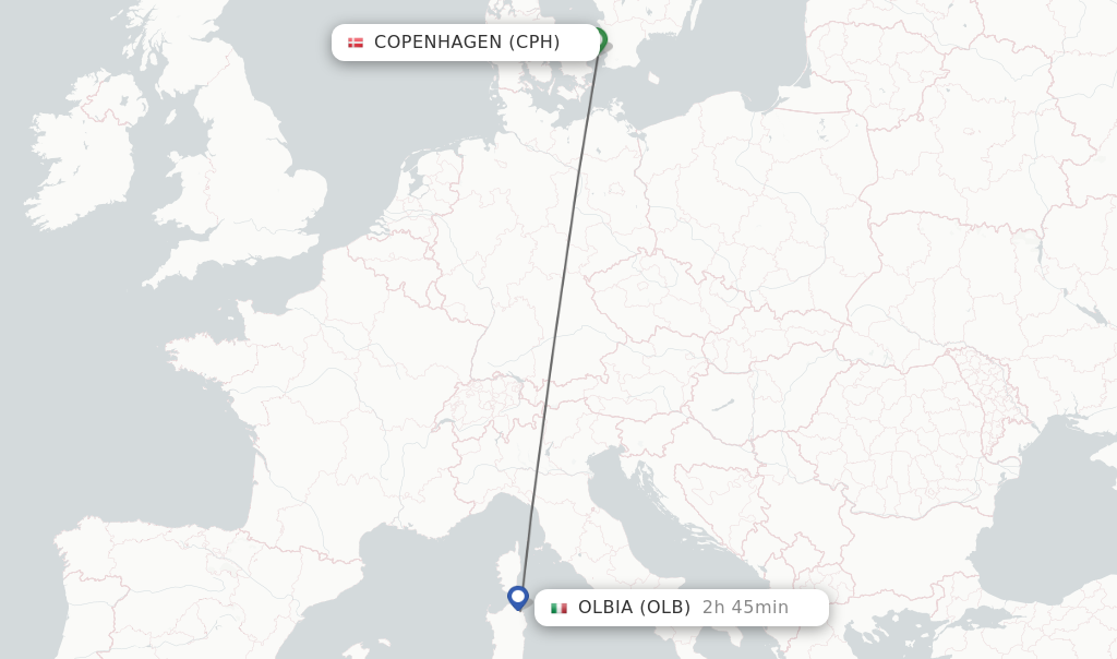 Flights from Copenhagen to Olbia route map