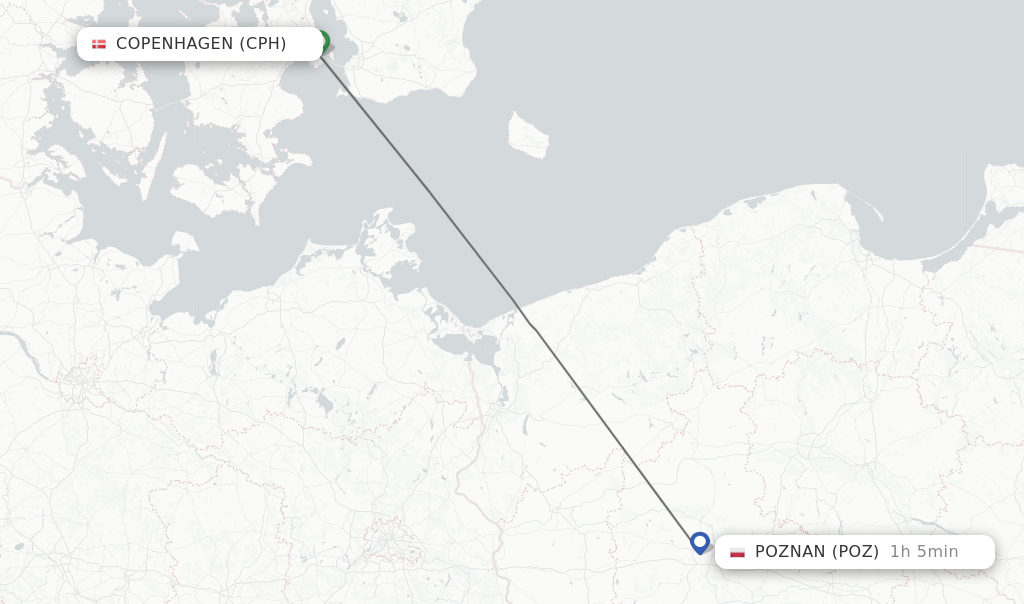 Flights from Copenhagen to Poznan route map