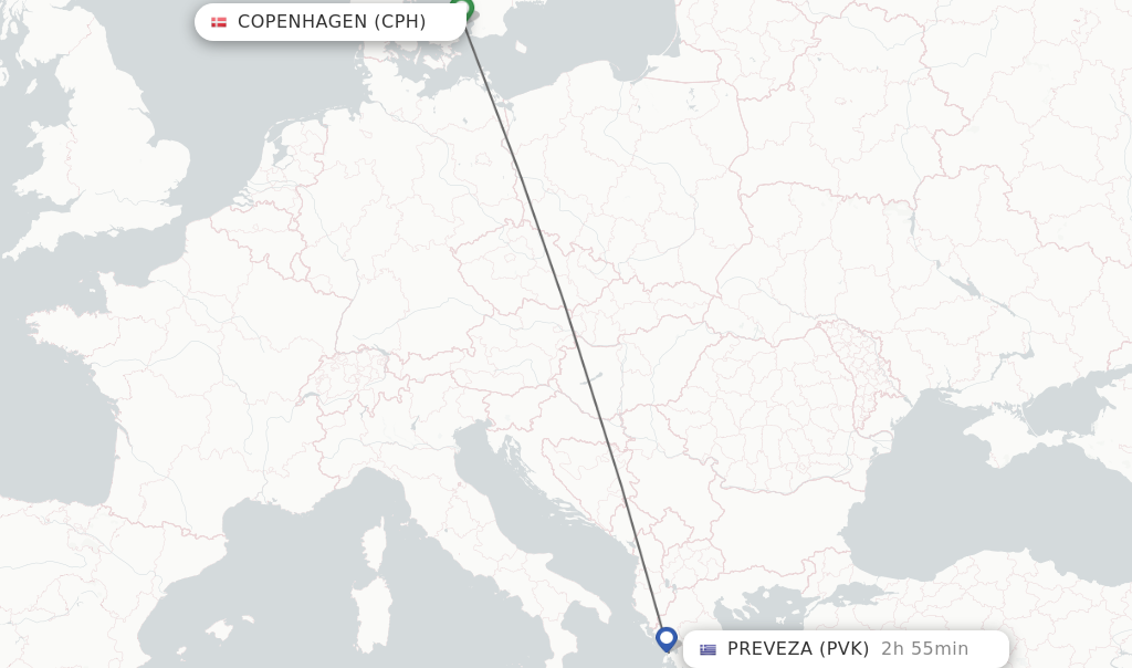 Flights from Copenhagen to Preveza route map