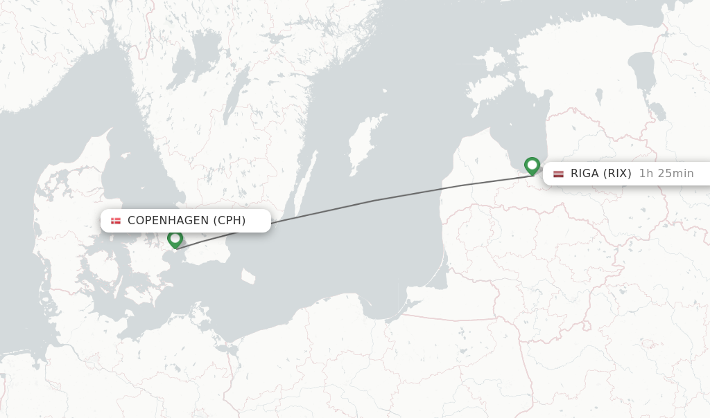 Flights from Copenhagen to Riga route map