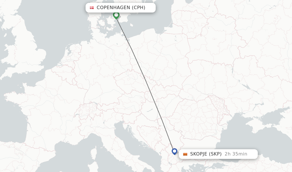 Flights from Copenhagen to Skopje route map