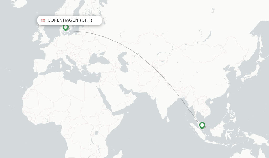 Route map with flights from Copenhagen with Singapore Airlines