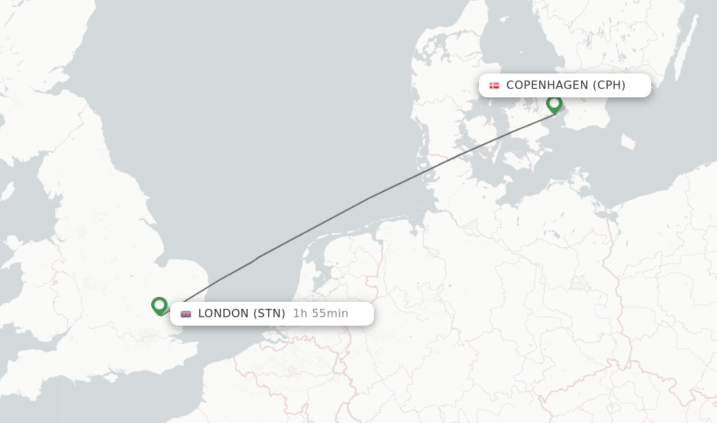 Flights from Copenhagen to London route map