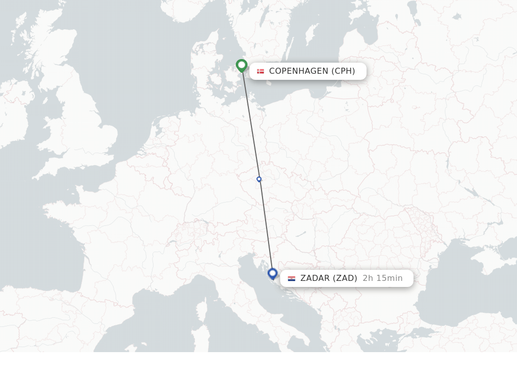 Flights from Zadar to Copenhagen route map