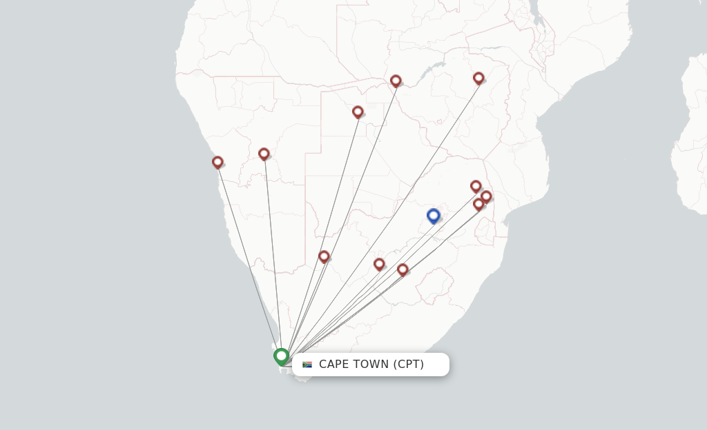Route map with flights from Cape Town with Airlink (South Africa)